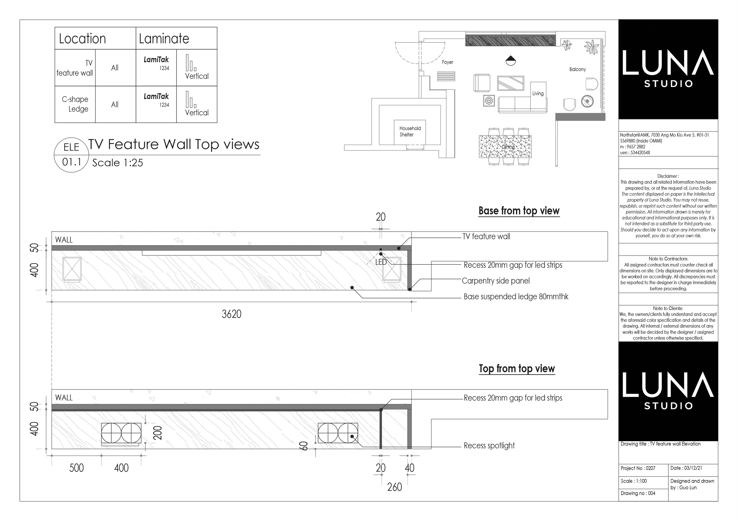 TV feature wall top view drawings by Luna Studio.