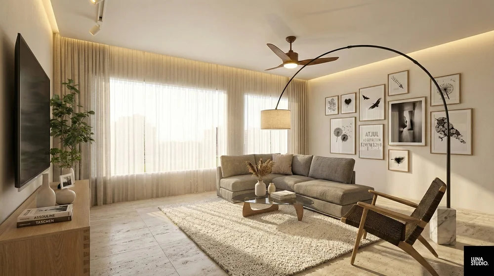 Minimalist Japandi interior design in an 873 sqft Rivervale Shores BTO living room by Luna Studio