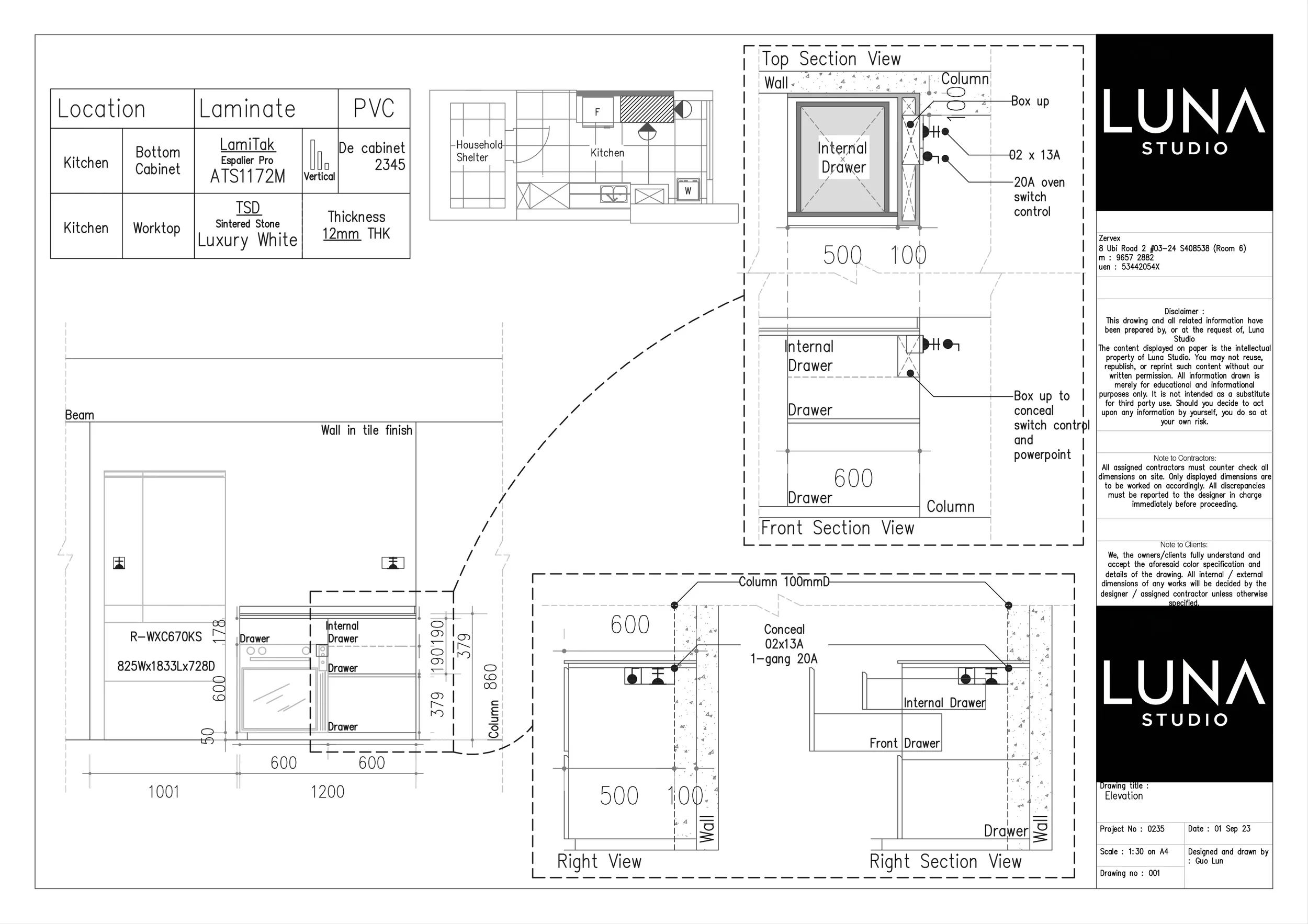 Kitchen fridge and oven cabinet elevation.