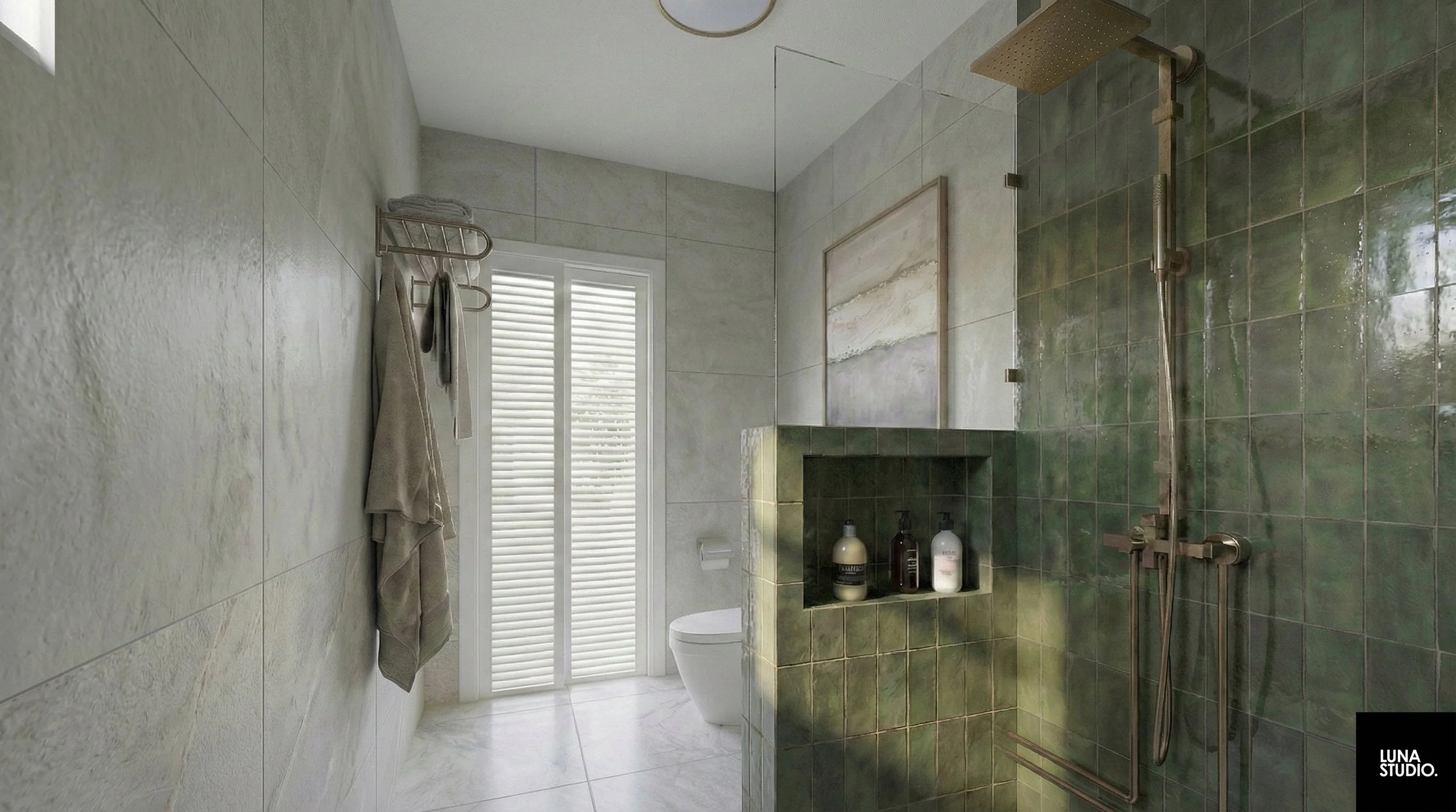 Luxury master suite with dry vanity area and connected study