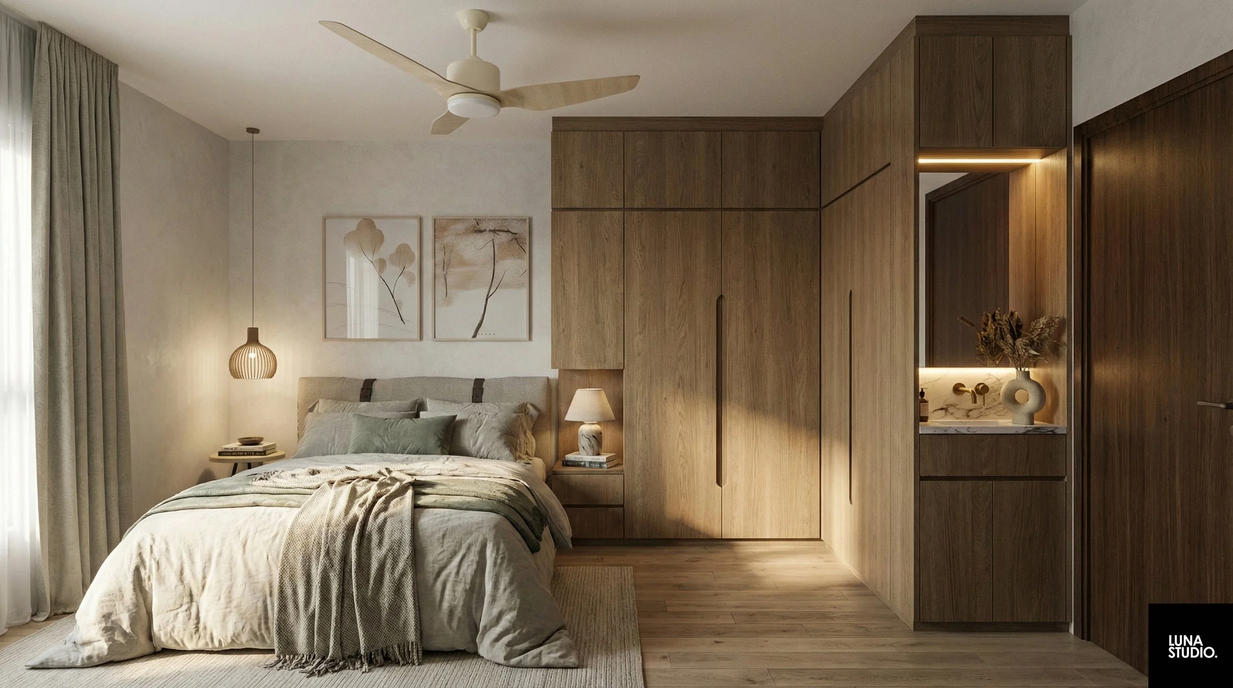 Integrated walnut wardrobe and vanity corner maximizing bedroom space