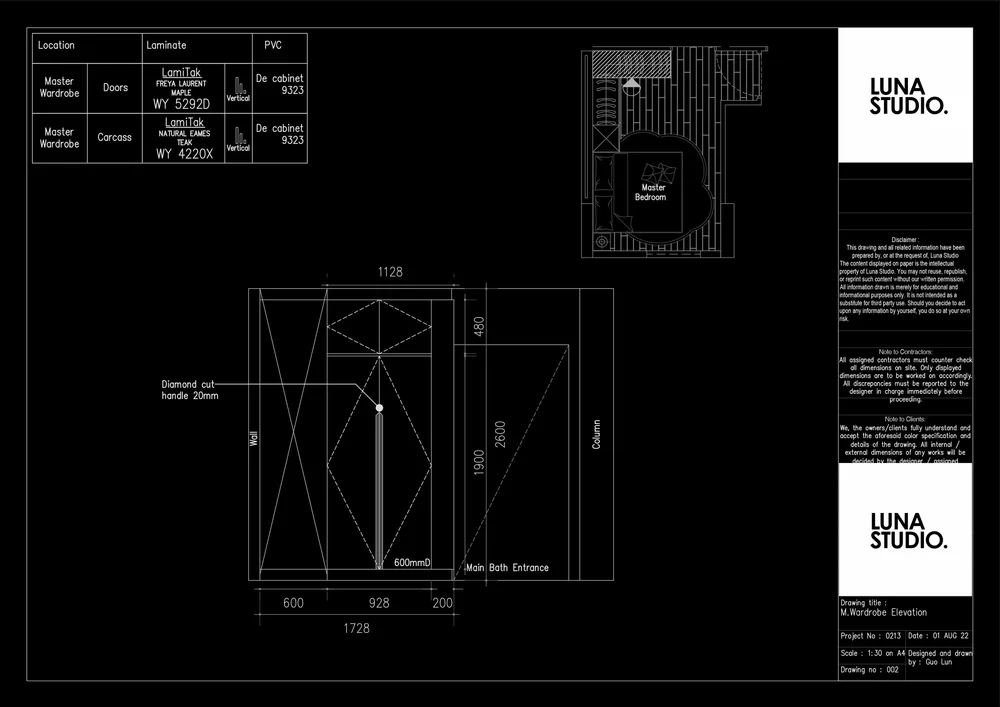 Luna Studio drawing sheet: master wardrobe elevation, first view