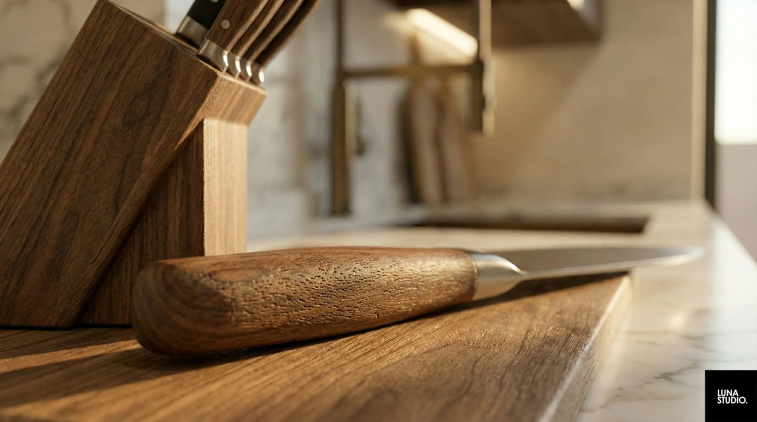 Close up of premium stone kitchen countertop texture contrasting with dark wood