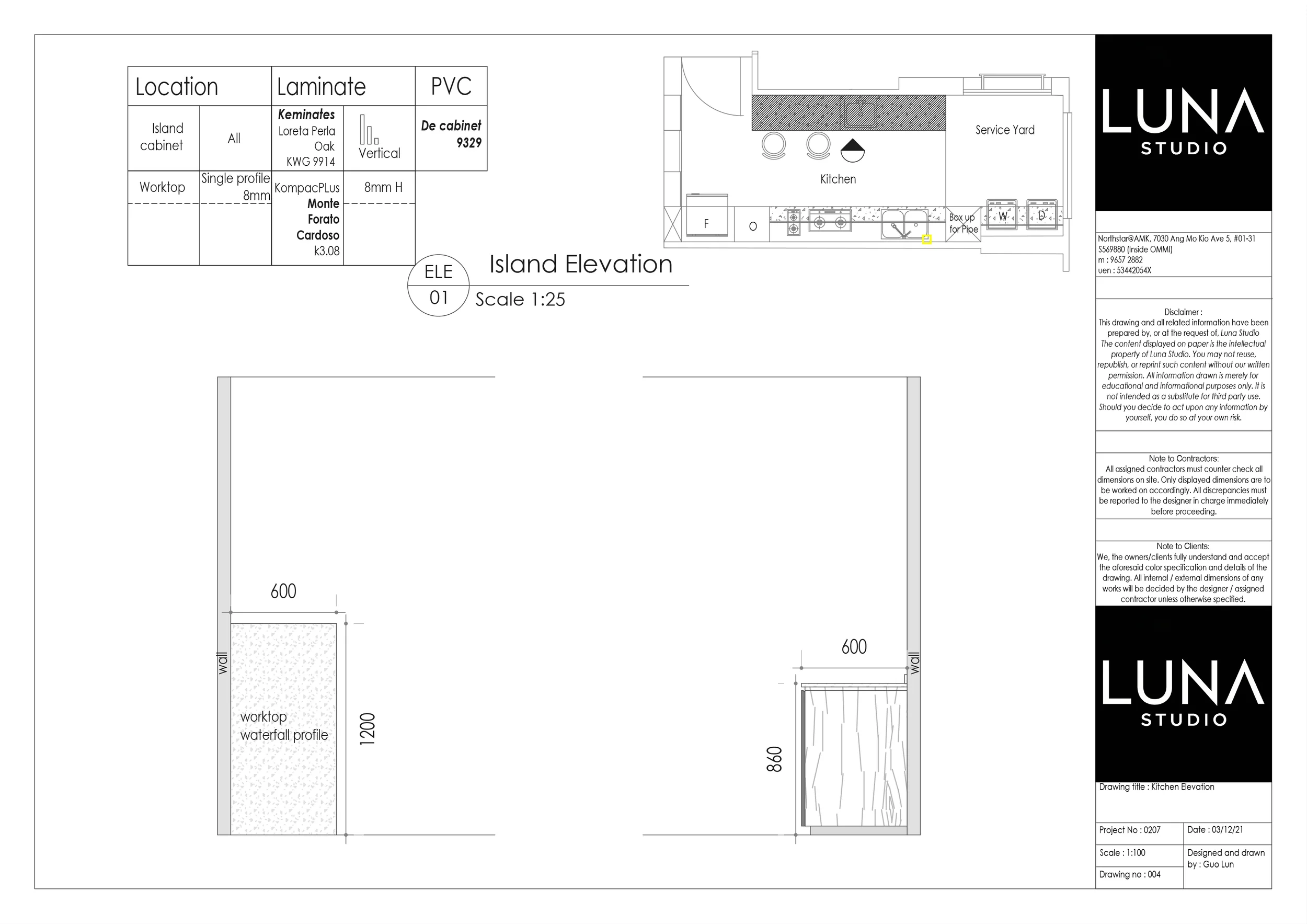 Kitchen island elevation drawing by Luna Studio.