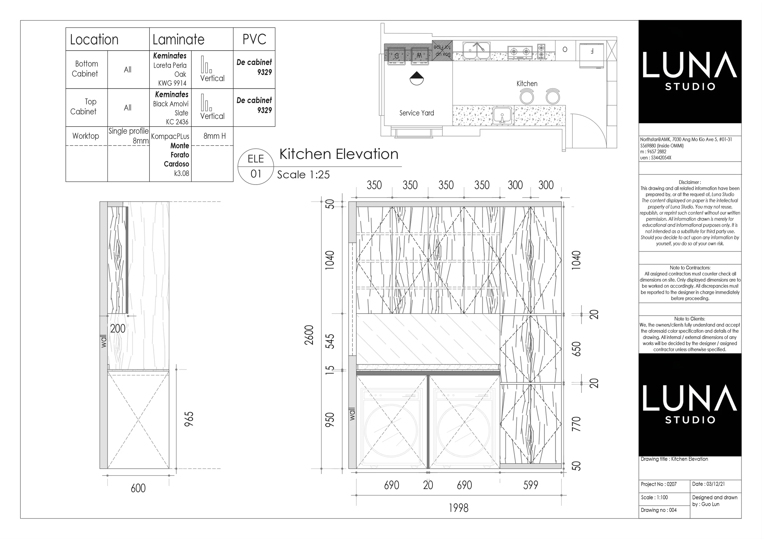 Kitchen elevation drawing on the service yard side, by Luna Studio.