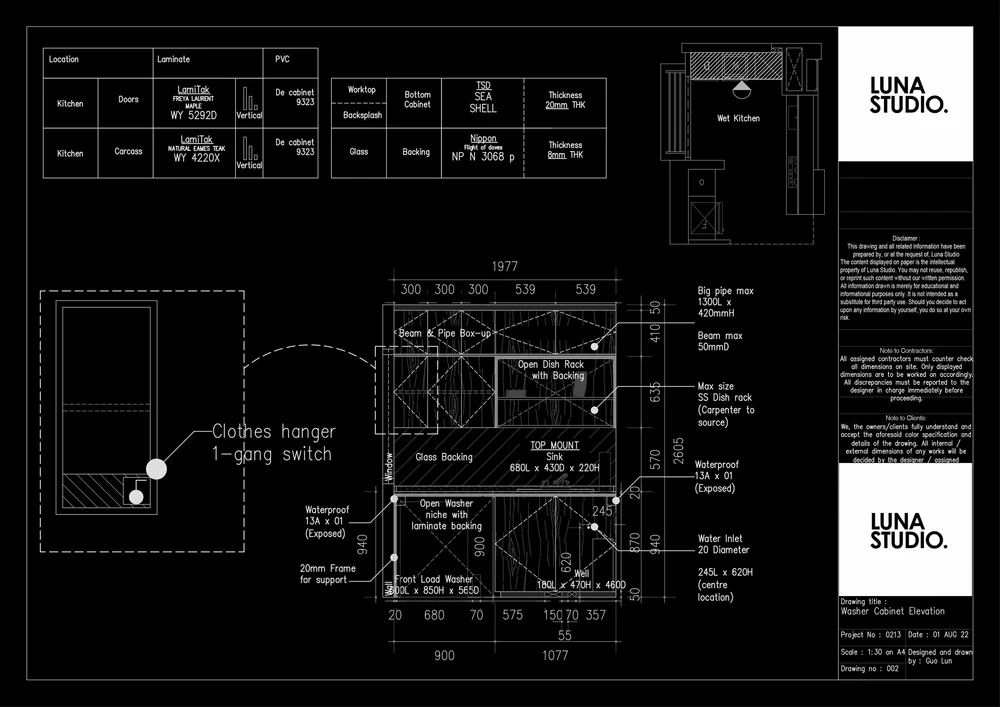 Luna Studio drawing sheet: washer cabinet elevation