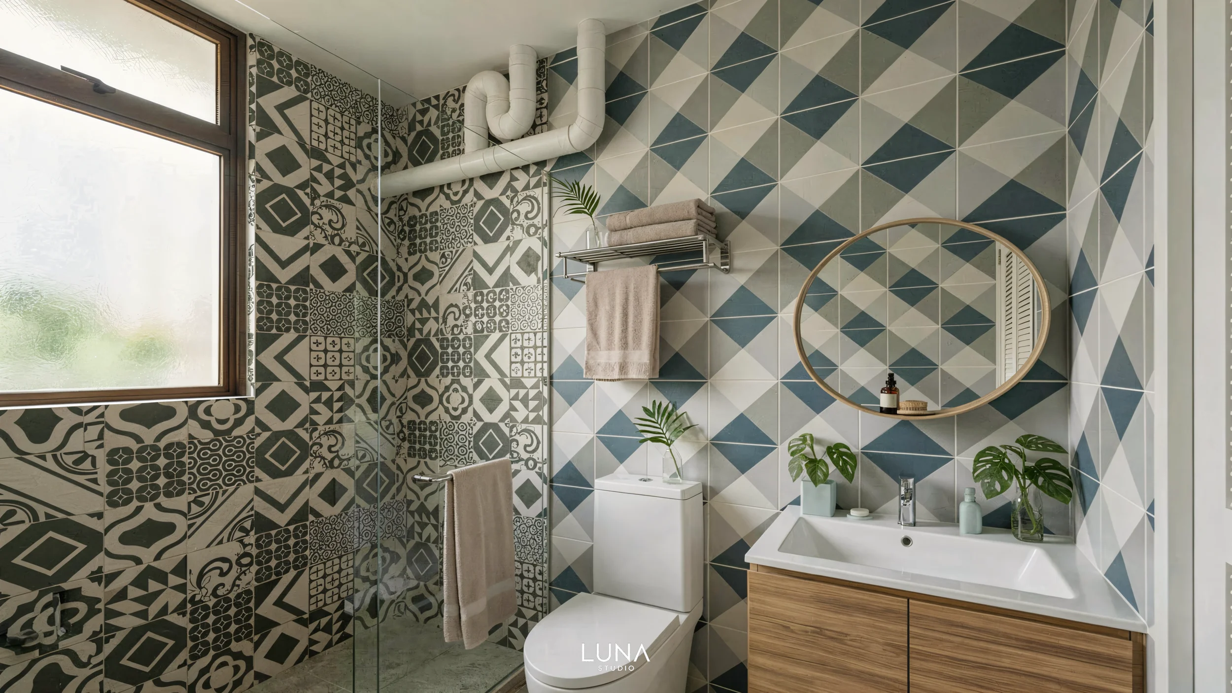 Modern Bathroom Interior with Blue Geometric Patterned Tiles.