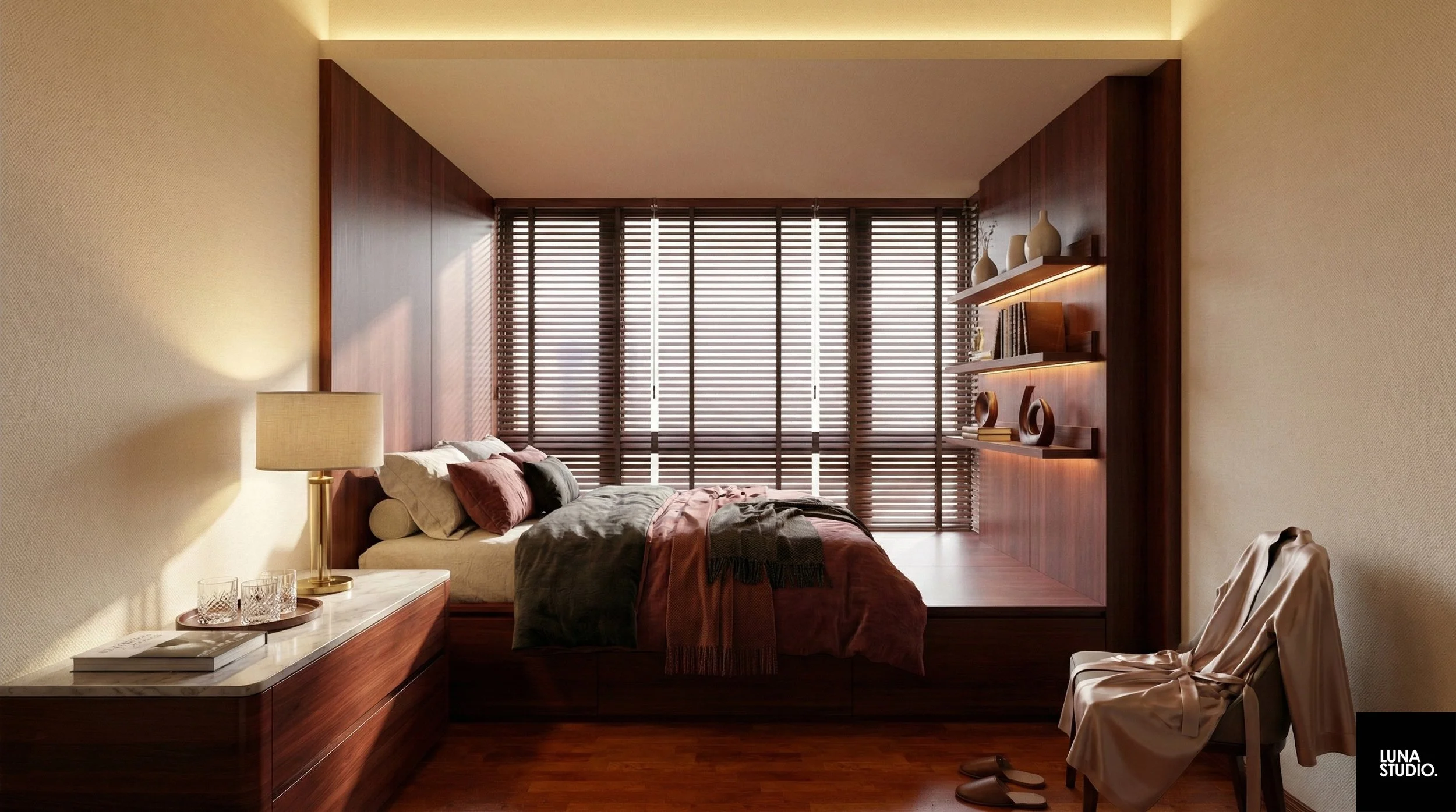 Luxury living room feature wall with bold amber wood carpentry