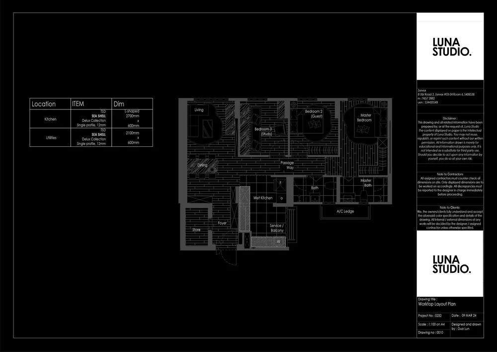 Luna Studio drawing sheet: worktop layout plan