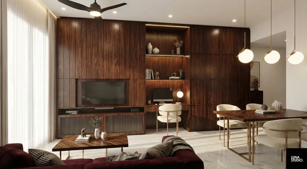 Amber wood carpentry feature in a luxury Pasir Ris 3-bedroom condominium living room by Luna Studio