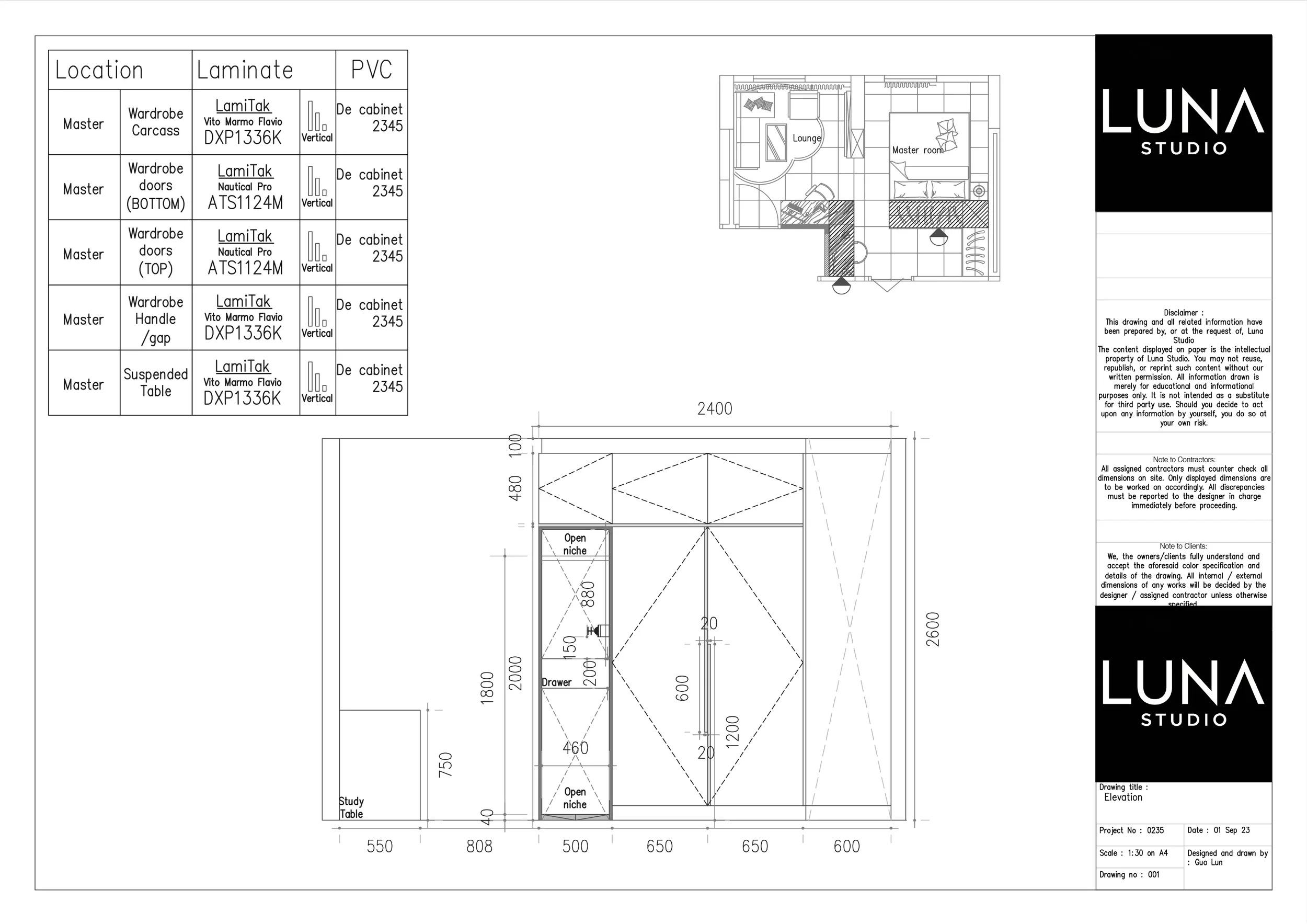 Master wardrobe external elevation drawing.
