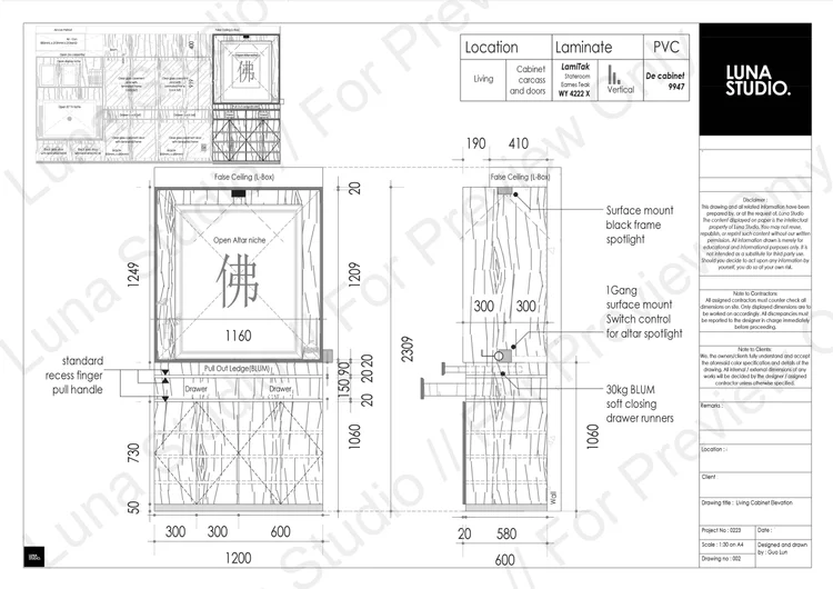 Altar cabinet elevation drawing by Luna Studio