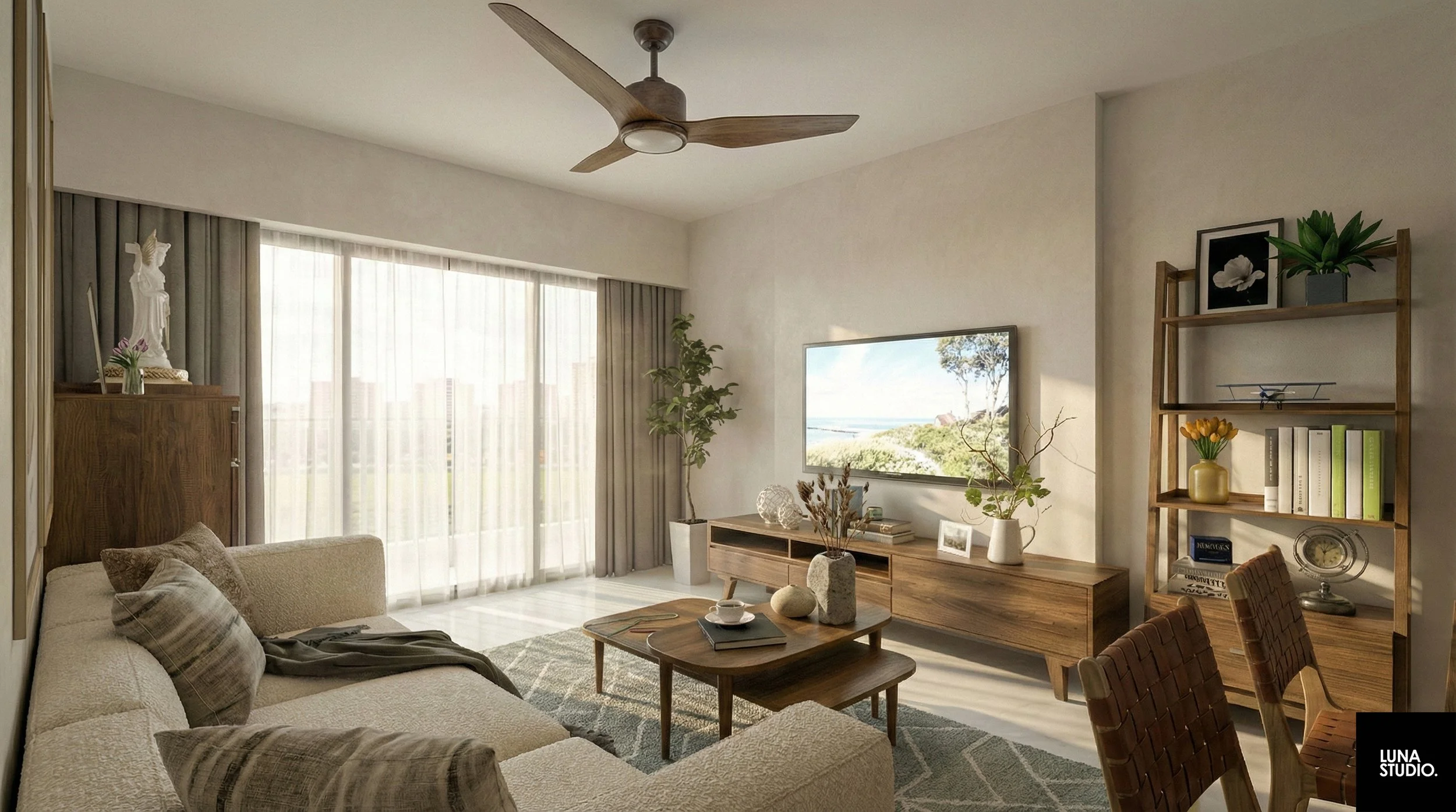 Master bedroom with floor-to-ceiling dark walnut wardrobes maximizing vertical storage