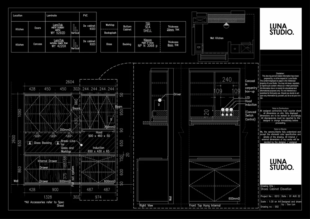 Luna Studio drawing sheet: kitchen cabinet elevation with hood, induction hob and worktop details