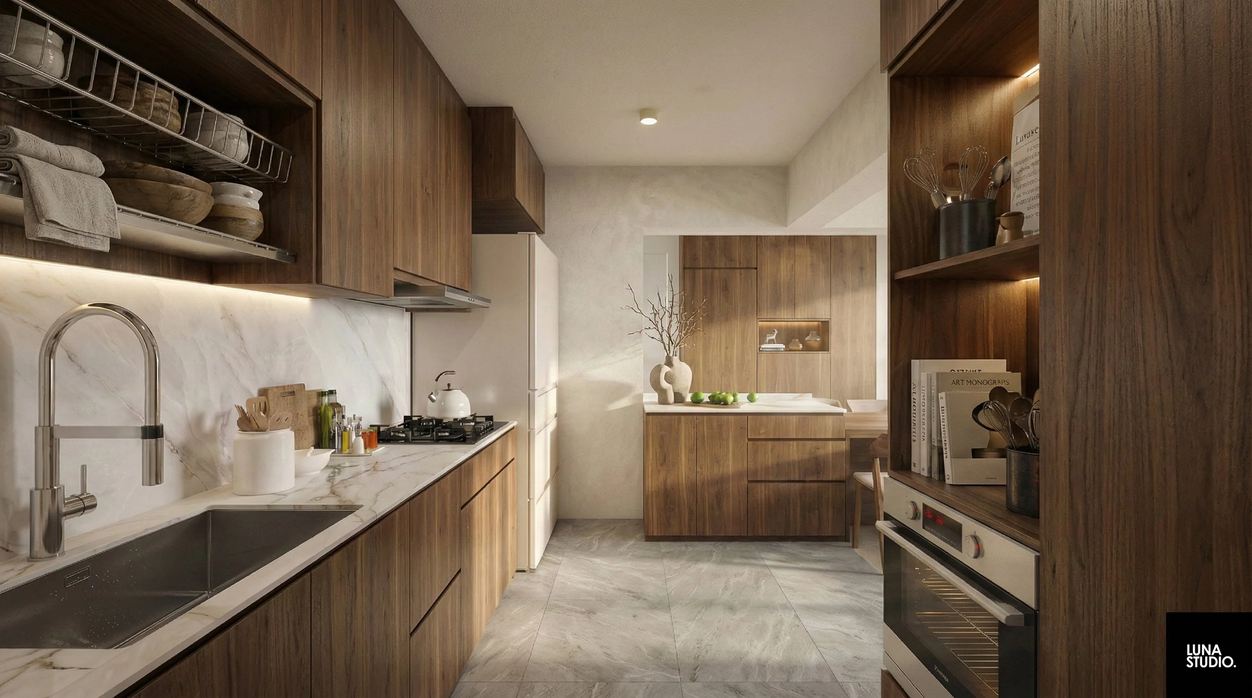Kitchen island doubling as dining table with storage