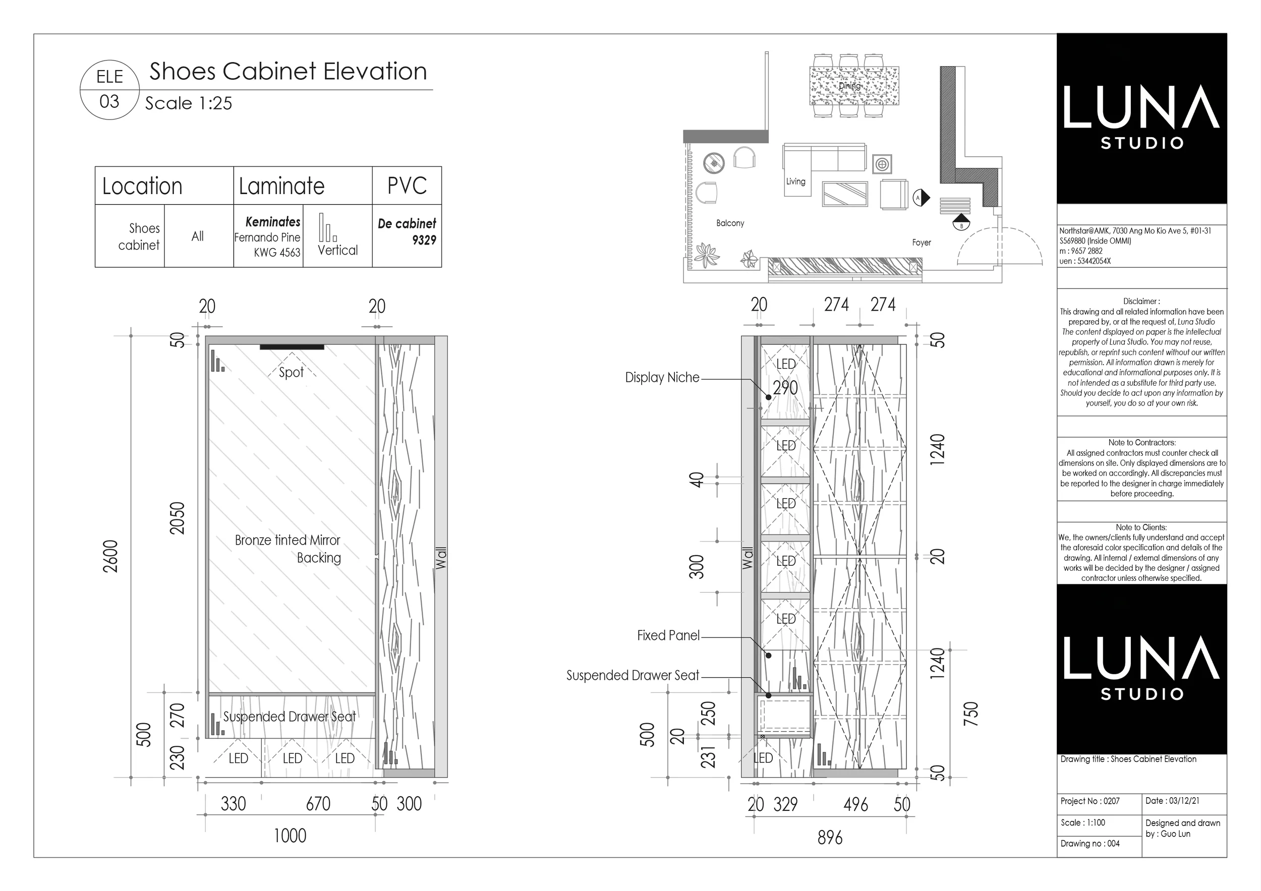 Shoe cabinet elevation drawing by Luna Studio.