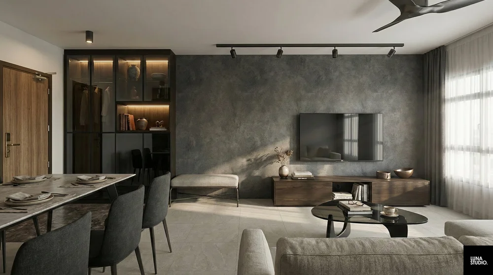 Modern grey stone interior design living room in a 960 sqft Yishun BTO flat by Luna Studio