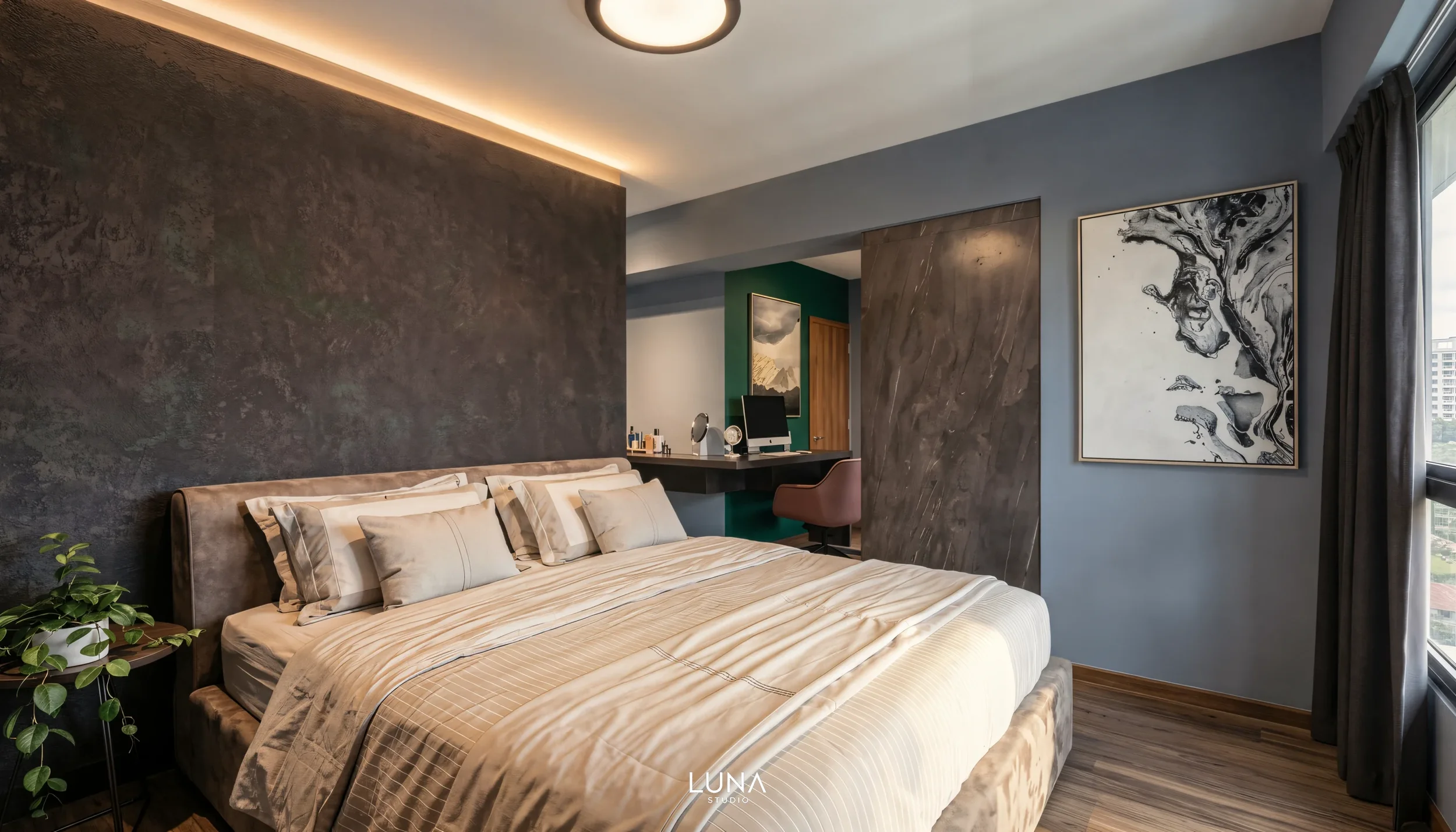 Warm lighting in the combined master suite.