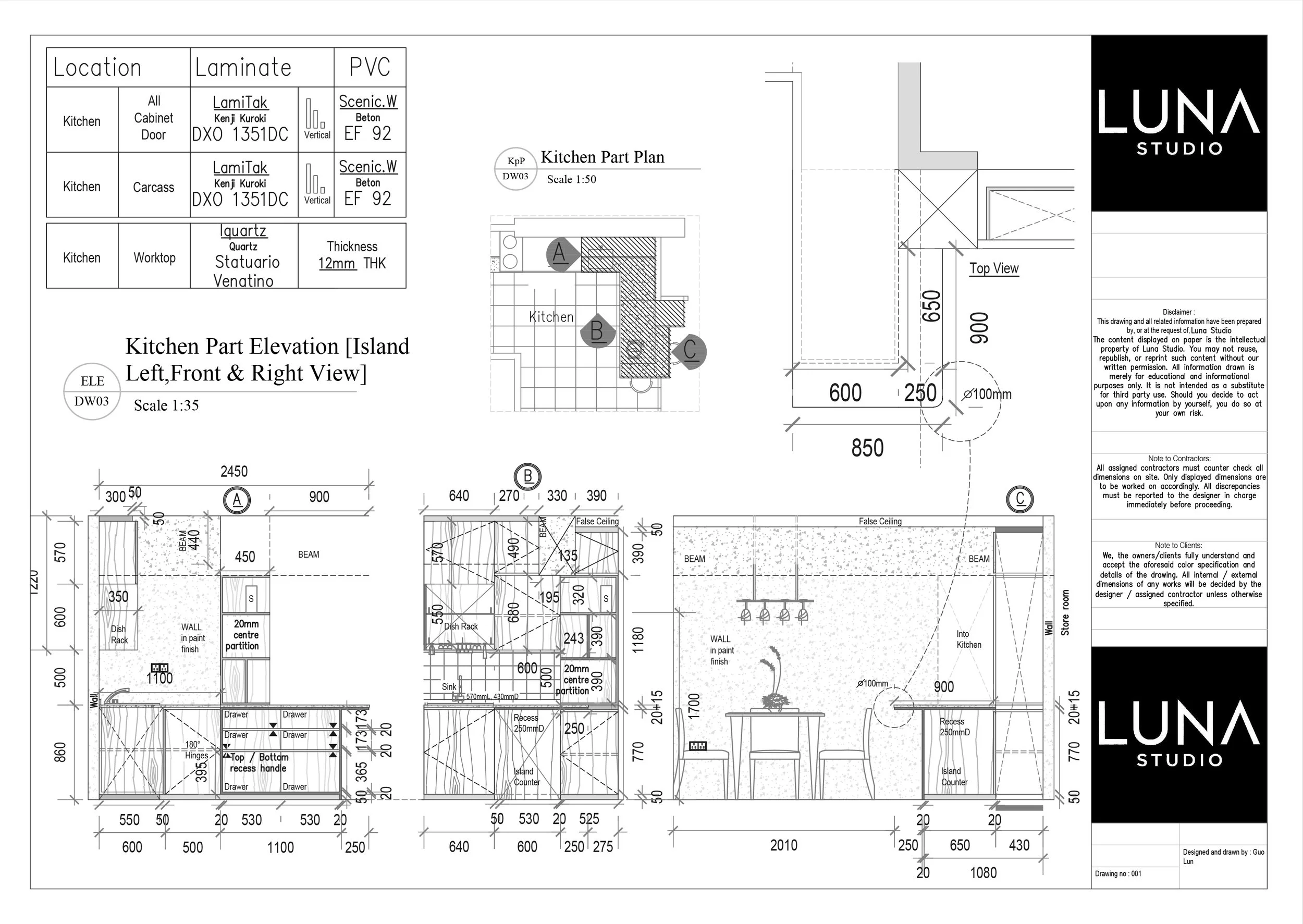 Kitchen part plan detailing island countertop dimensions and
structural pipe concealments