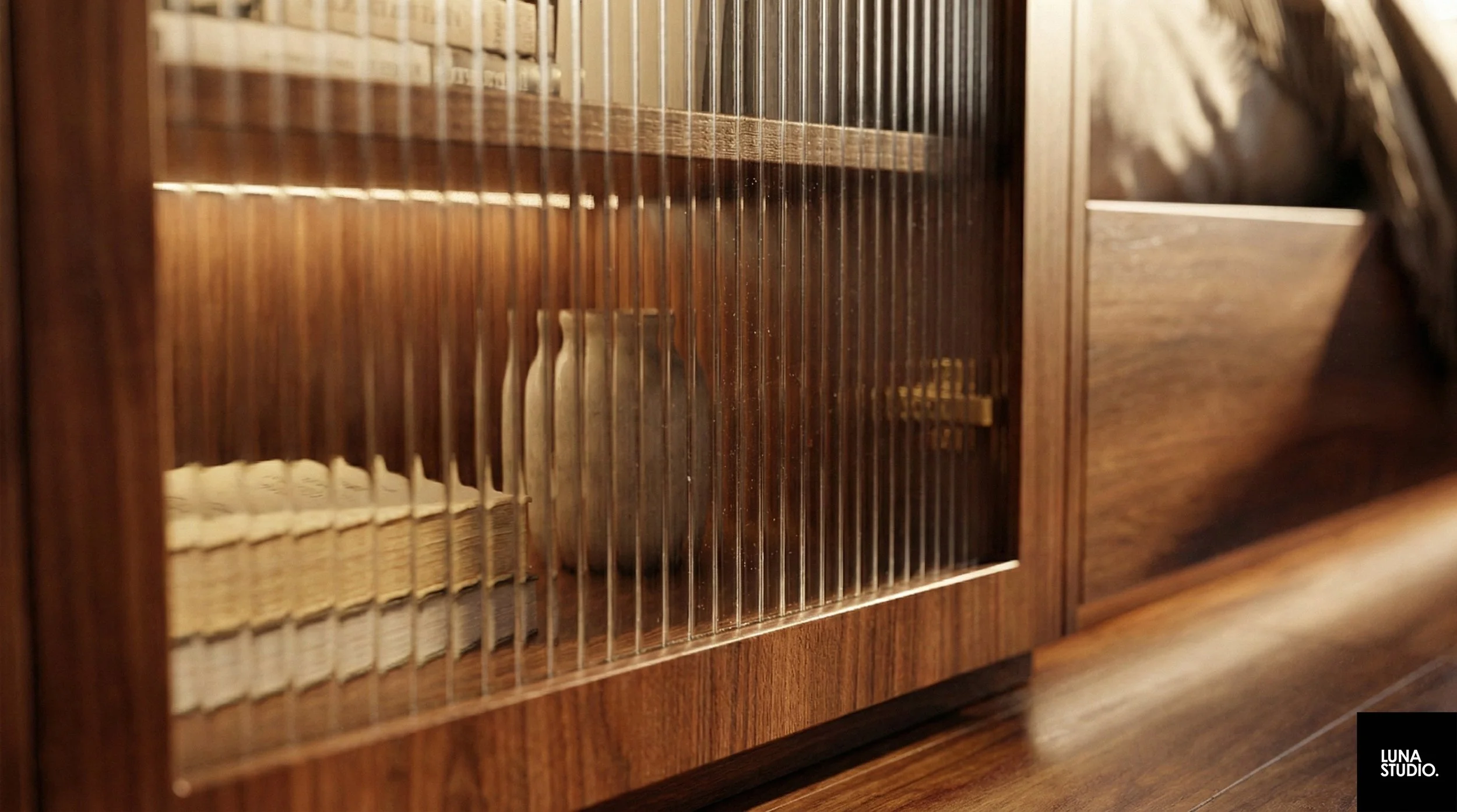 Detail of warm lighting hitting textured wood panels