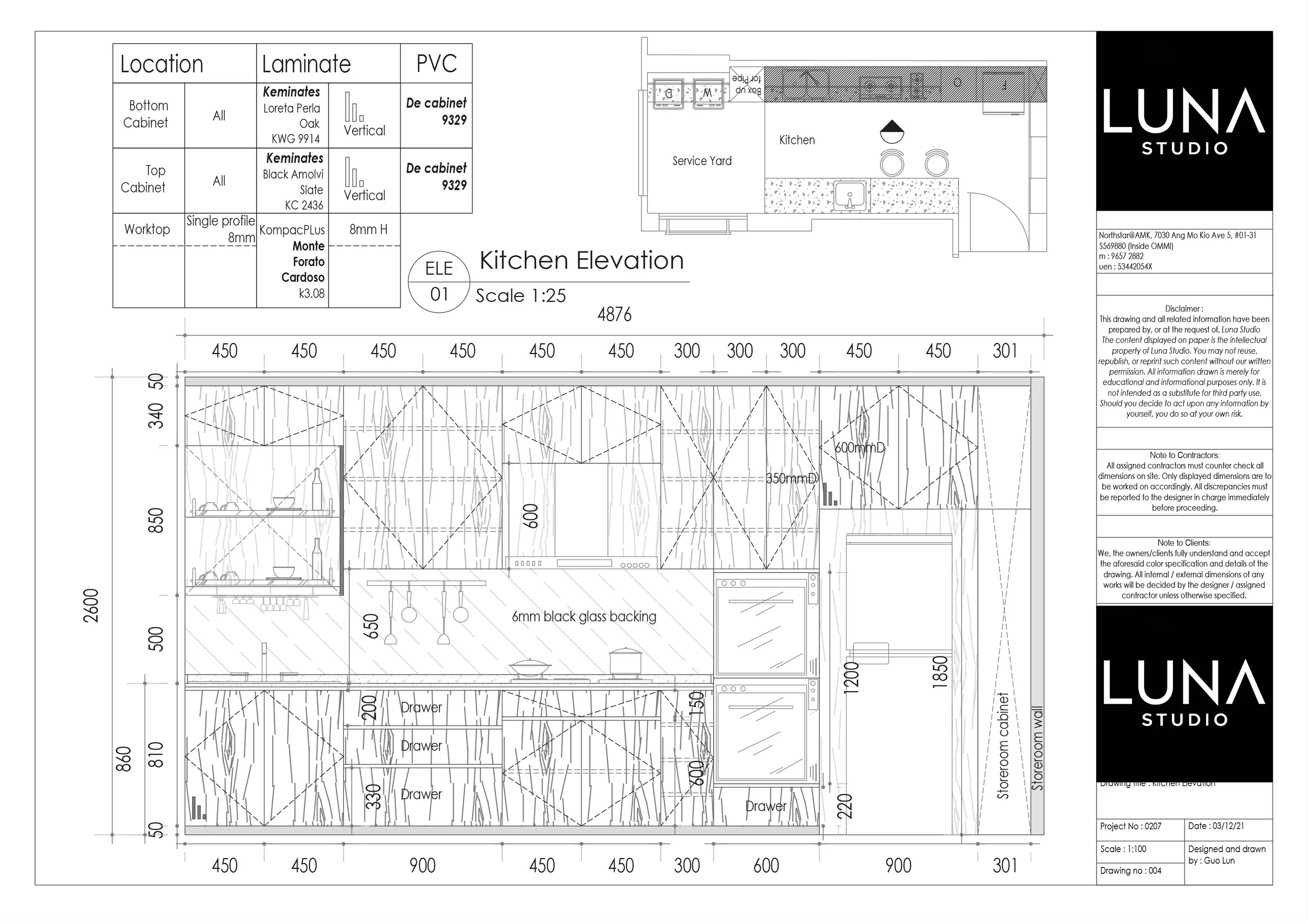 Kitchen elevation and cabinetry plan drawing by Luna Studio.