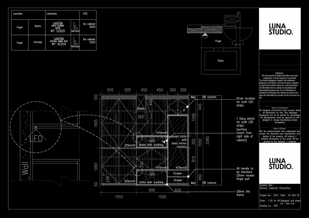 Luna Studio drawing sheet: shoe cabinet elevation with dimensions, laminate schedule and construction detail