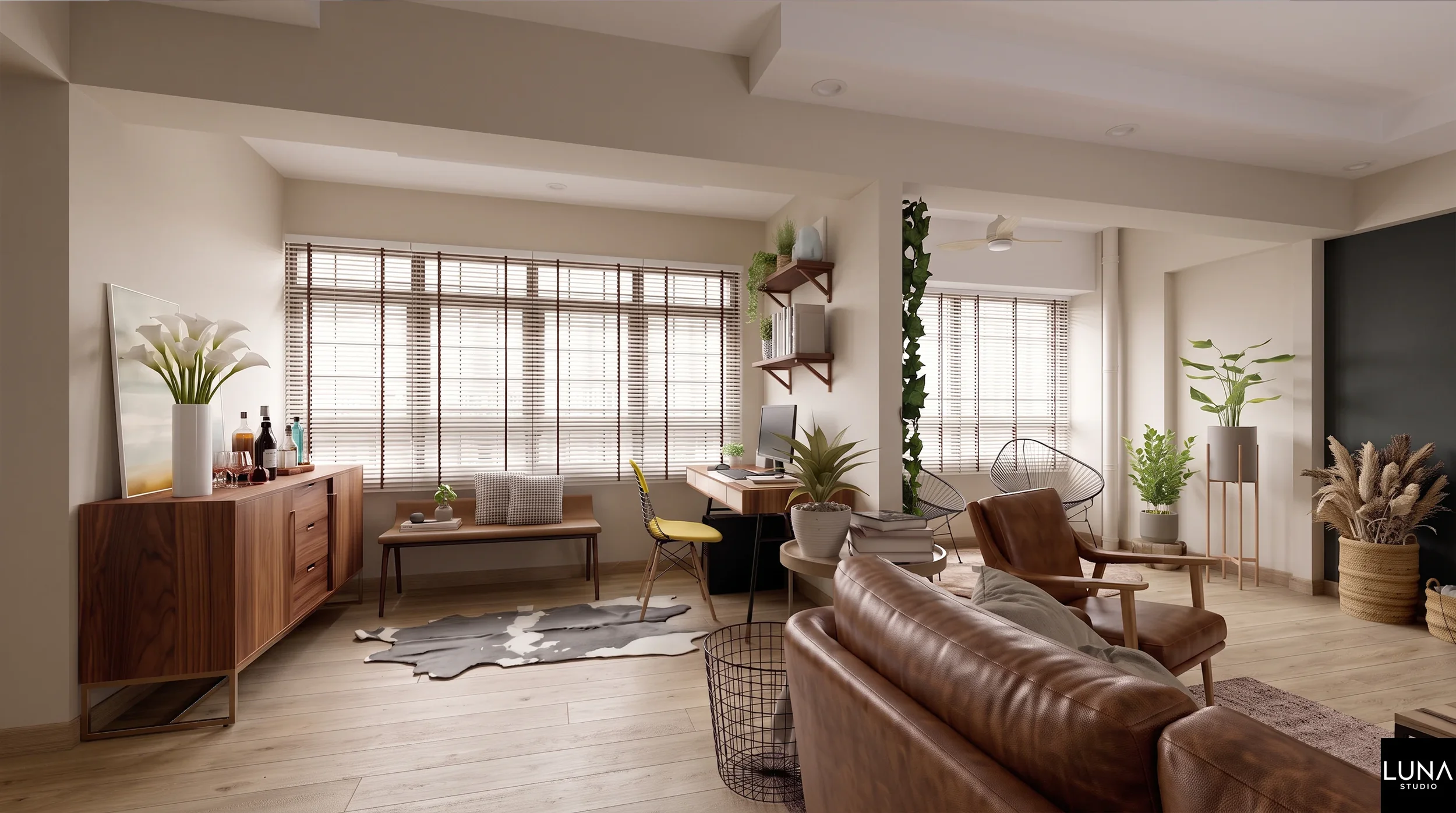 Open-concept study and lounge area maximizing natural light
with mid-century furniture and seamless scraped vinyl flooring transition in an
HDB flat