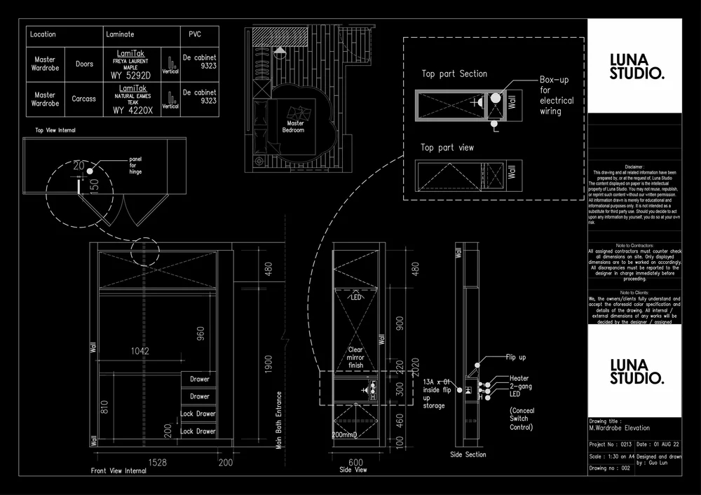 Luna Studio drawing sheet: master wardrobe elevation, second view