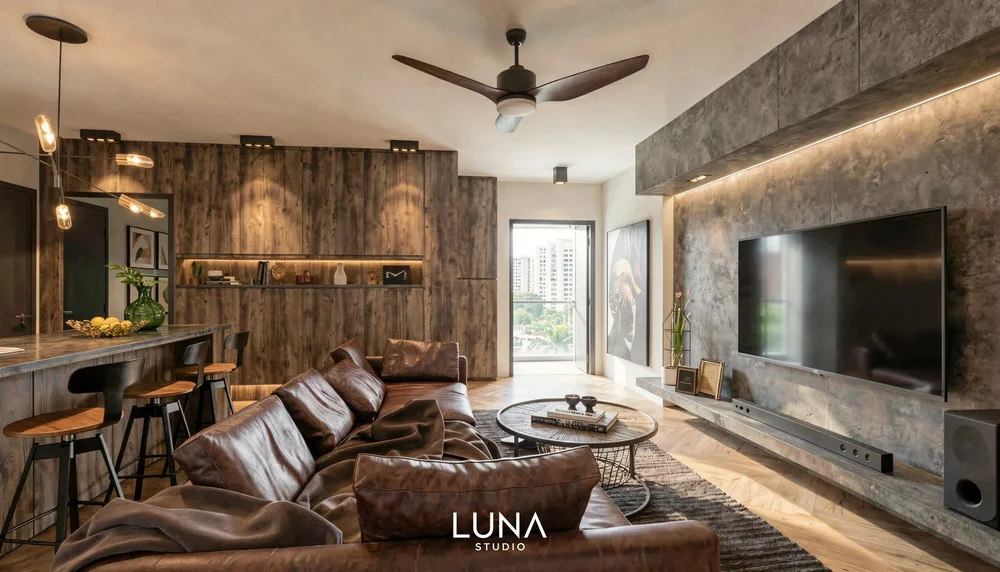 Living room with a grey TV feature wall and a large leather sofa, in a Hougang apartment designed and renovated by Luna Studio.