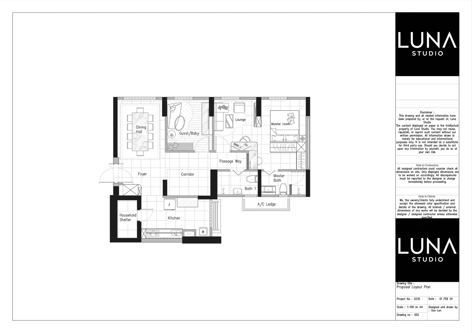 Proposed layout plan by Luna Studio for a 4-room HDB in Tampines