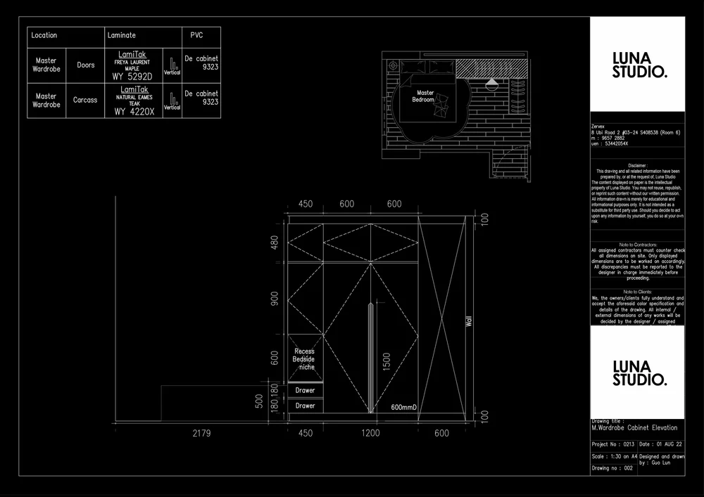 Luna Studio drawing sheet: master wardrobe cabinet elevation, first sheet