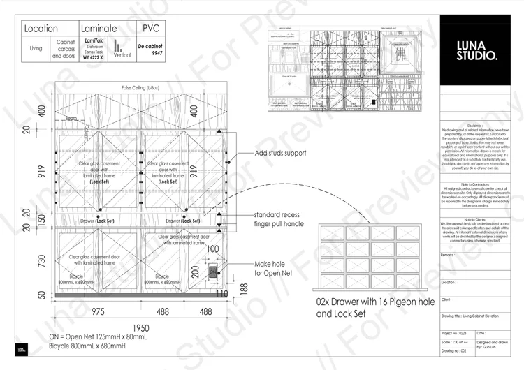 Glass display cabinet elevation drawing by Luna Studio