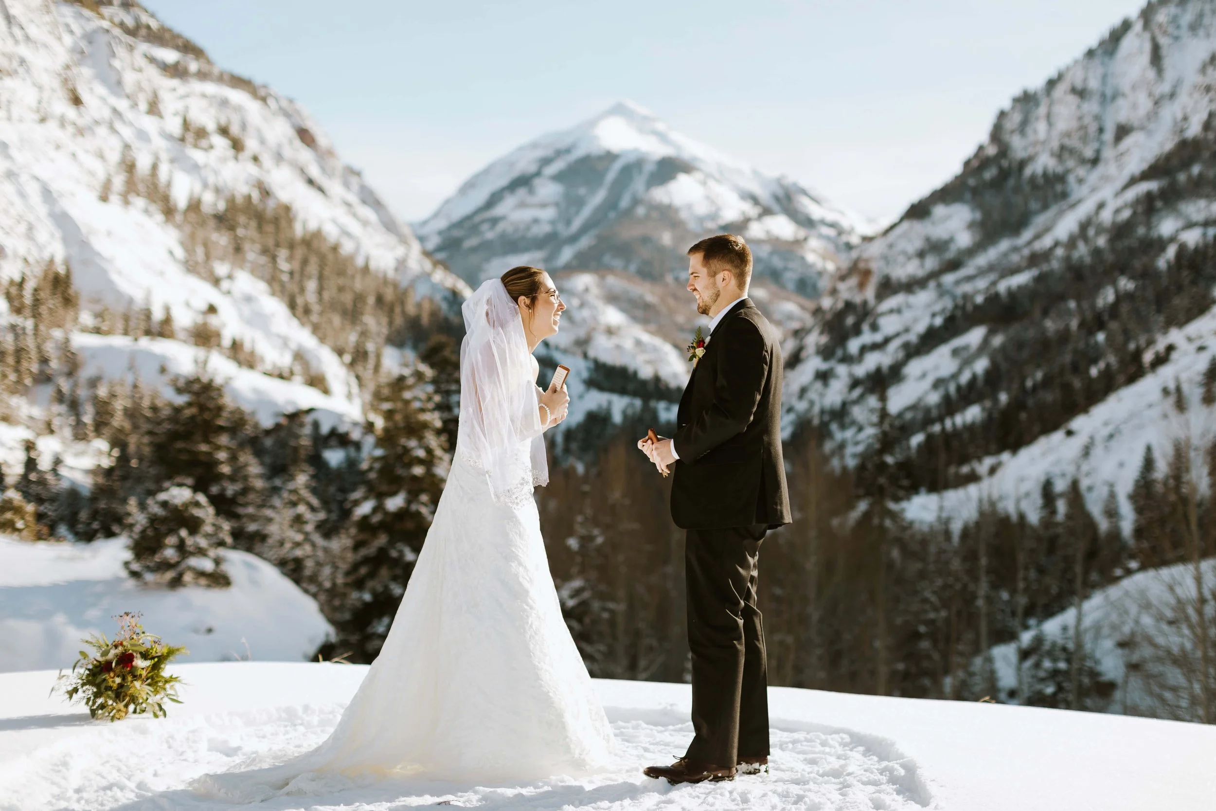 Couple during their last-minute winter elopement in Colorado, photographed by Kimberly Crist