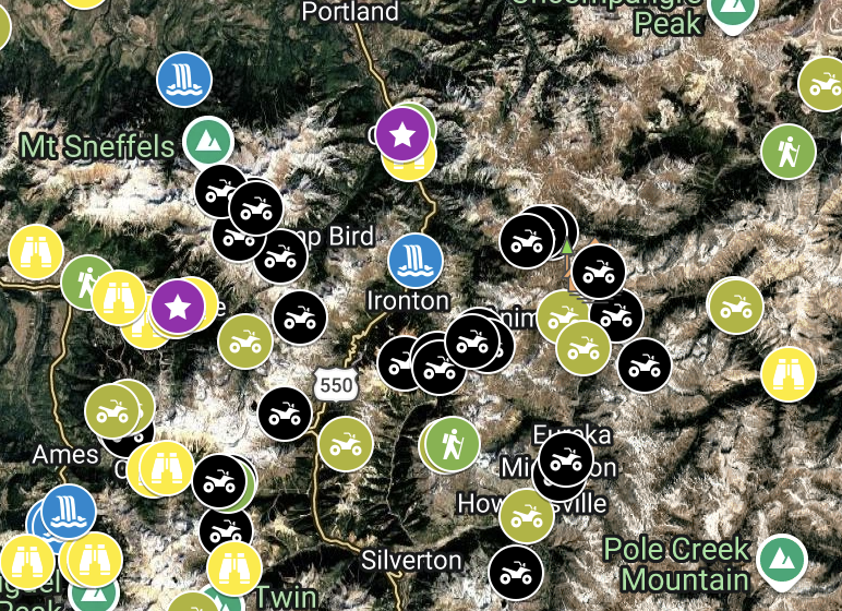 Satellite map of the San Juan Mountains around Ouray, Colorado, covered in pins marking elopement locations