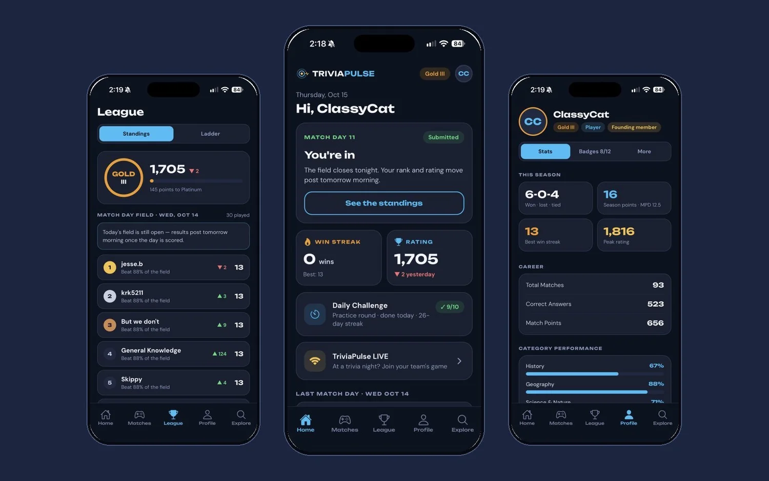 TriviaPulse app screens: league standings, the home screen and a player profile