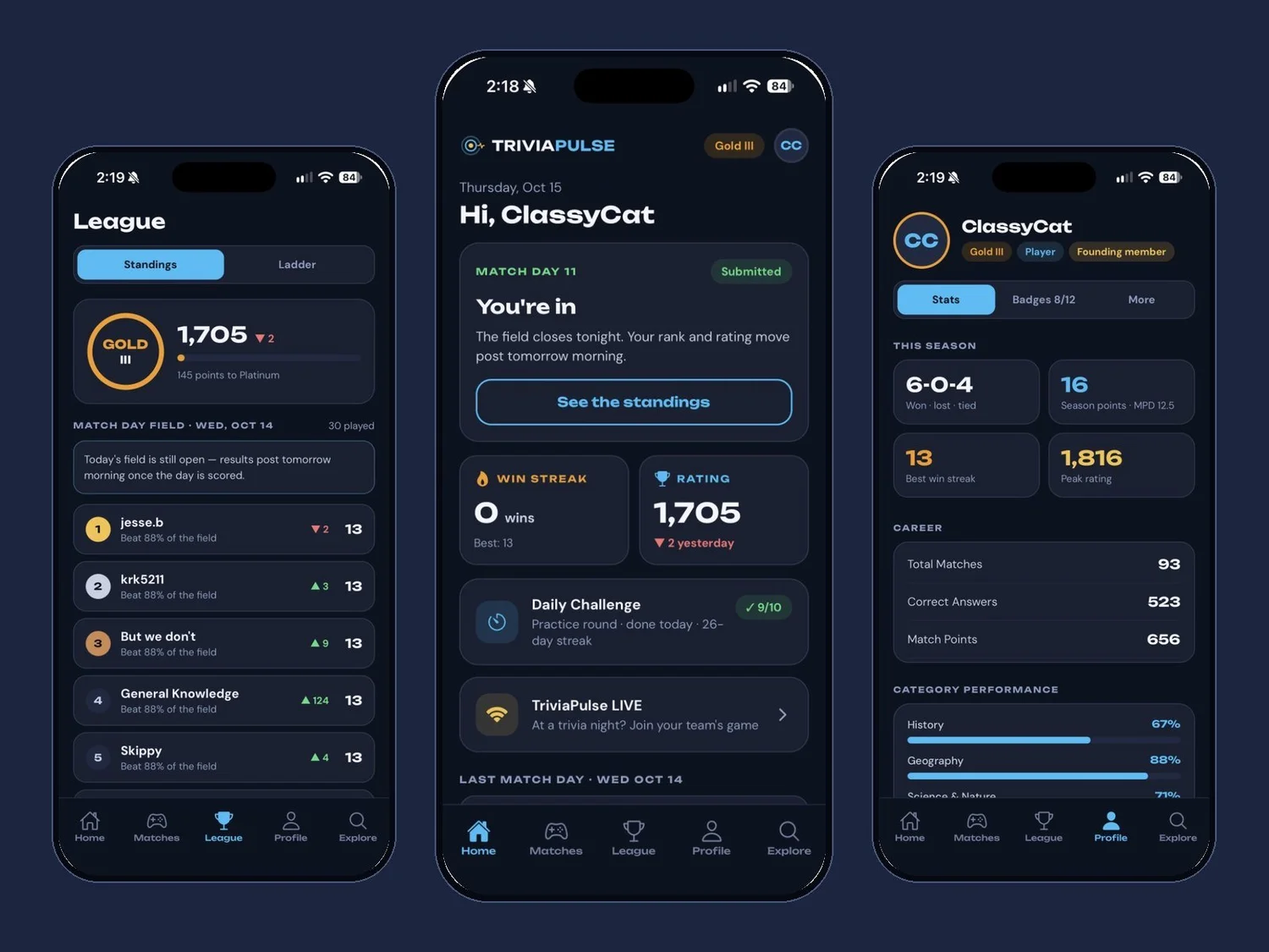 TriviaPulse app screens: league standings, the home screen and a player profile