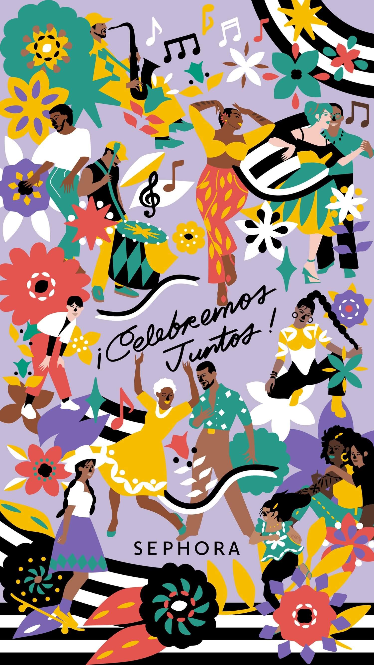 Commissioned animated illustration by Mezclao Studio for Sephora's 'Celebremos Juntos' campaign celebrating Hispanic Heritage Month in 2023