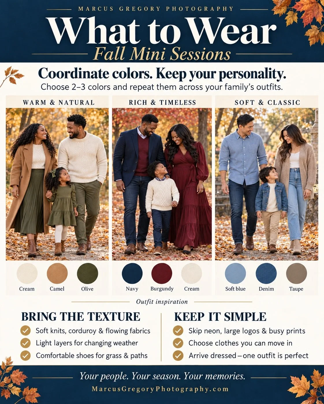 Fall outfit inspiration showing three family palettes: cream, camel and olive; navy, burgundy and cream; soft blue, denim and taupe. Families wear knits, flowing dresses and light layers with comfortable shoes.