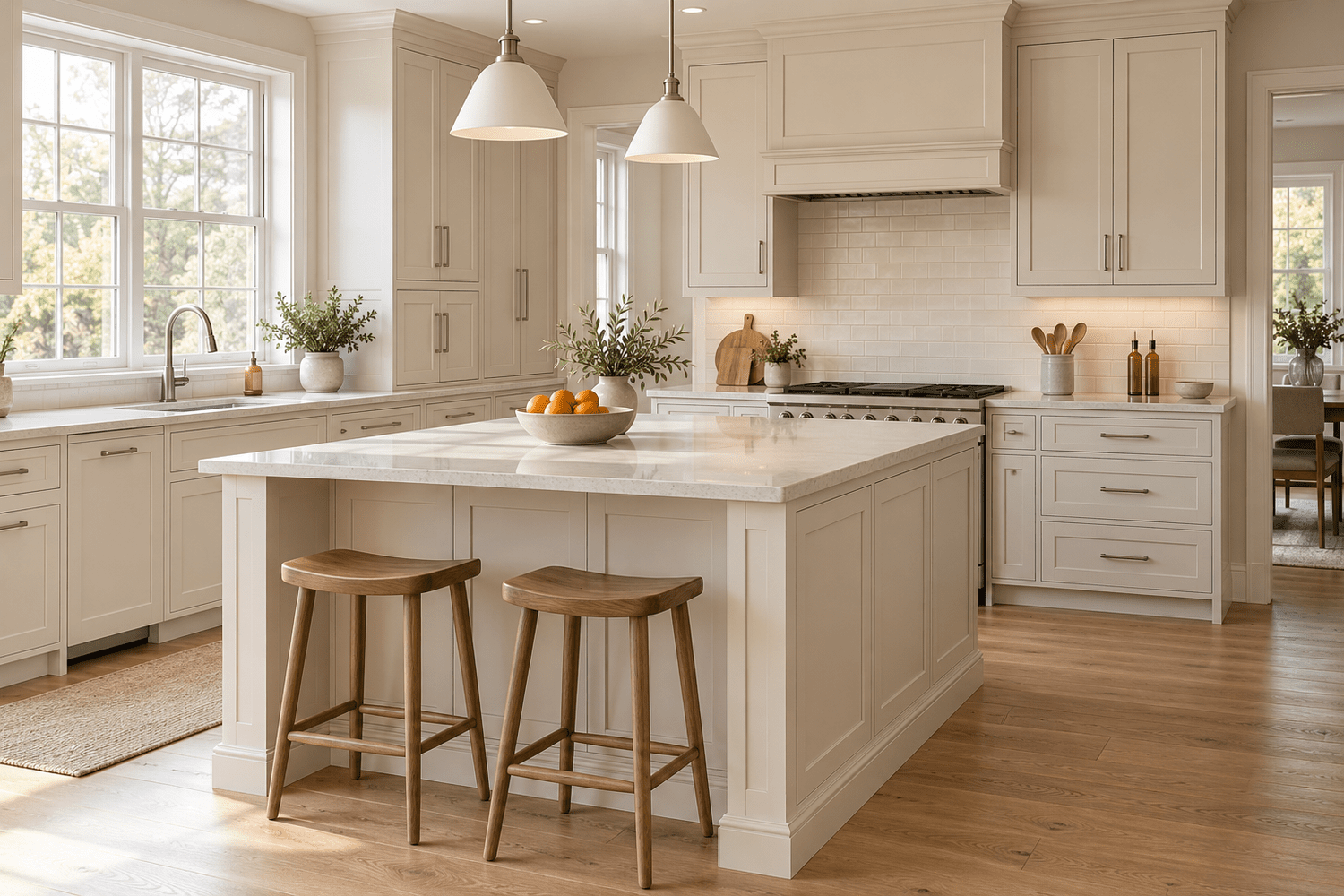 White Shaker kitchen with a large island and warm wood flooring