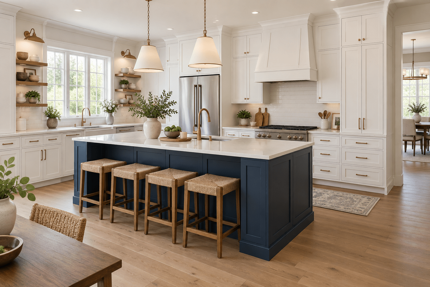 Bright Shaker kitchen with white cabinets, a navy island, and brass accents