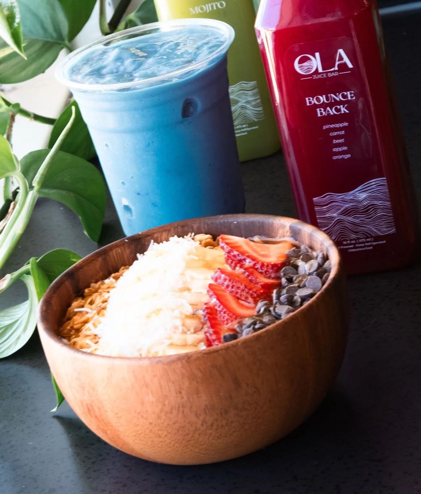 Blue smoothie, açaí bowl and Bounce Back cold-pressed juice
