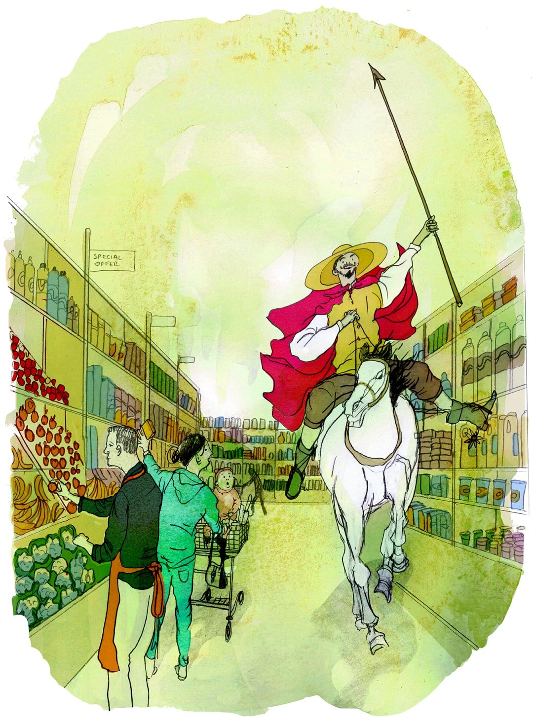 A man in a red cape holds a spear aloft and rides a horse through a supermarket ailse. I shocked baby looks on.