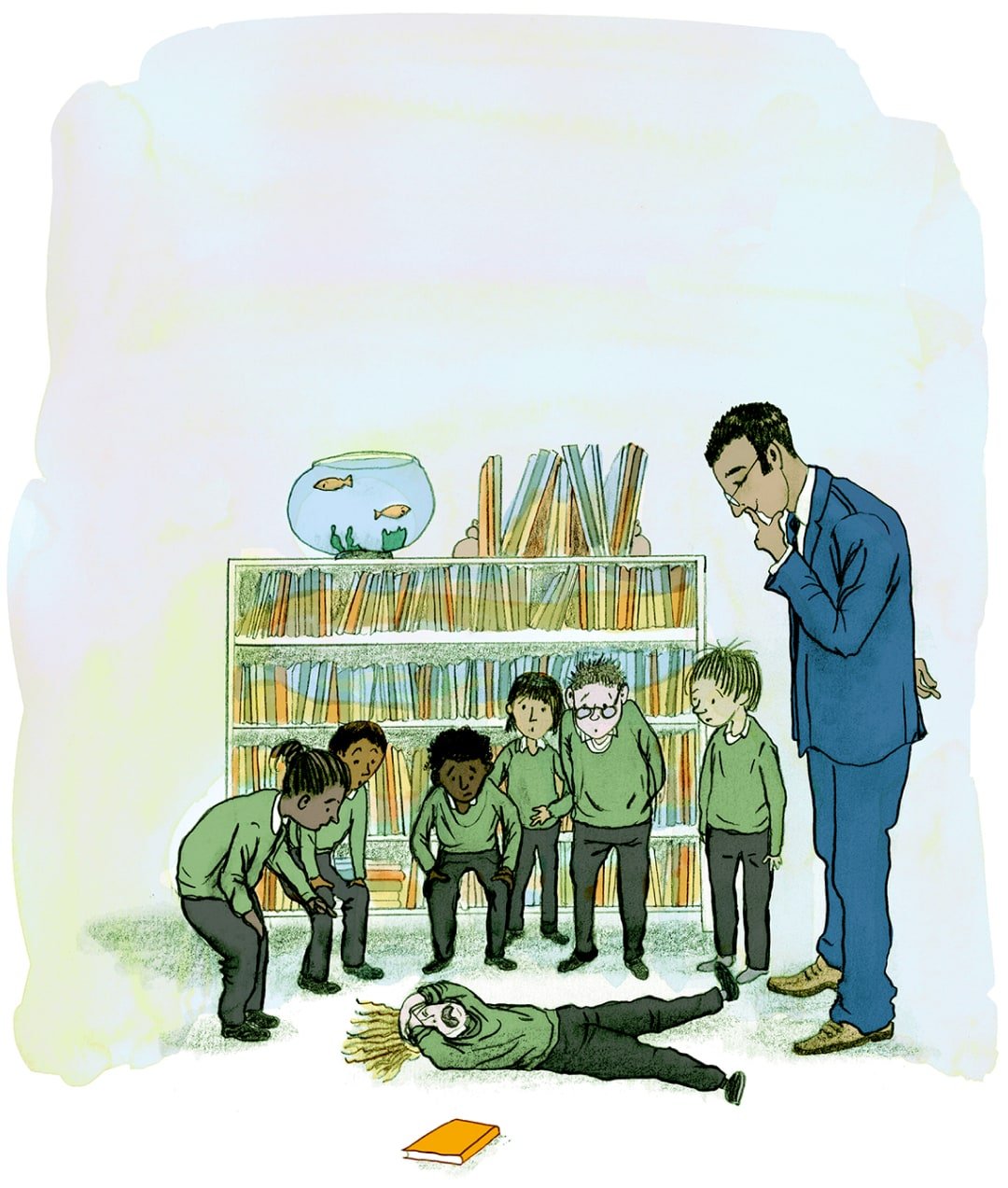 A group of boys in green school uniform stand with their teacher in a blue suit. They are all looking down at their friend lying on the floor next to a book, crying. Everyone looks concerned. Behind them stands a bookshelf, with a goldfish bowl on top.