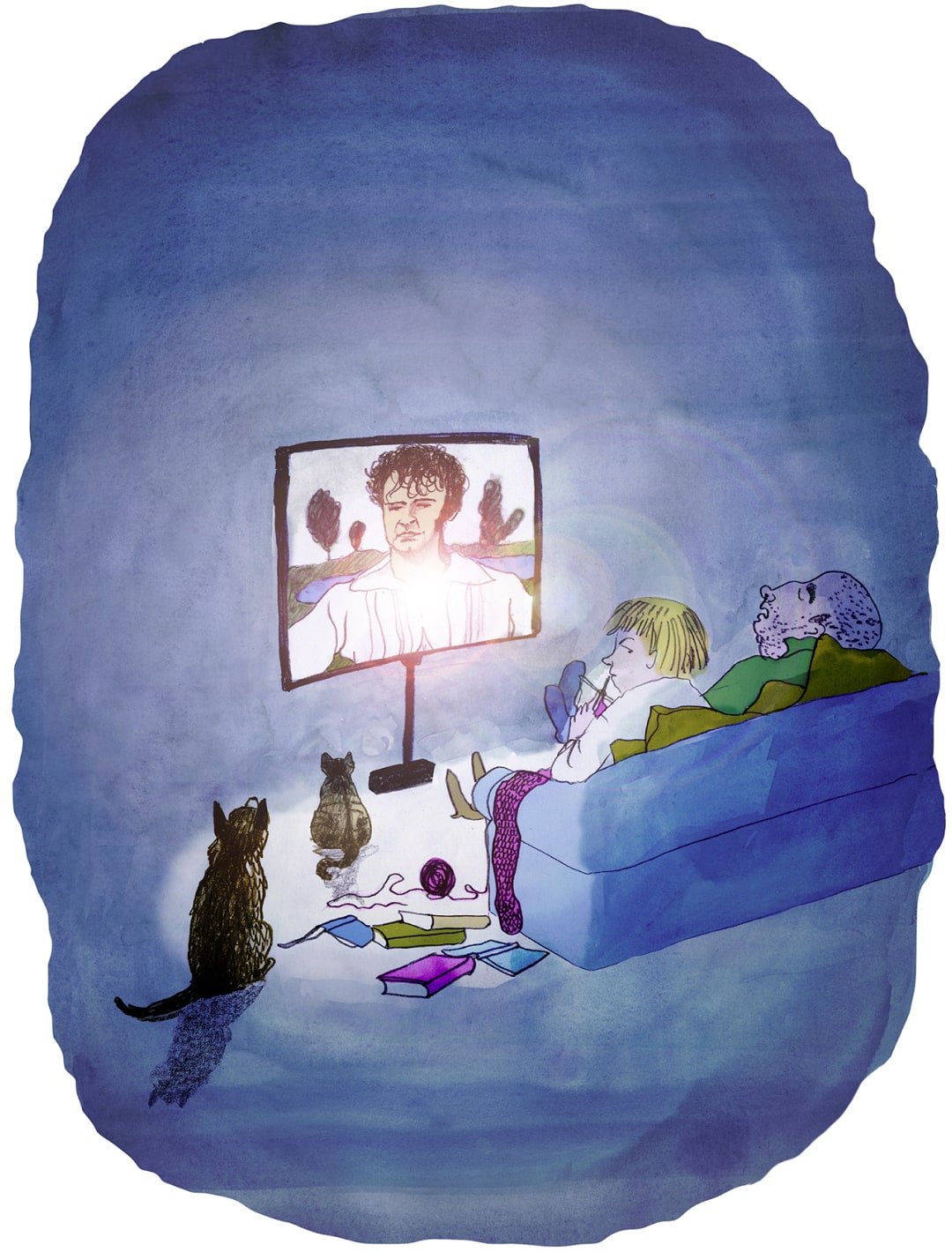 A couple and their two cats sit in the glow of light from a TV screen. The woman is knitting whilst the man snores. The two cats are watching the face of a man on the TV screen.