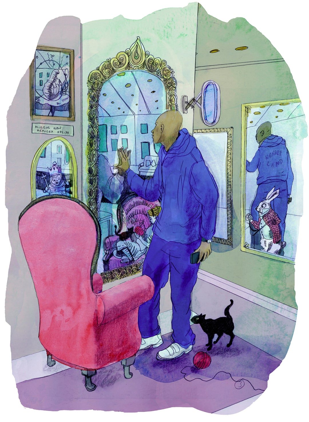 A man in a purple tracksuit presses his hand on a mirror. A black cat looks on. The rabbit from alice in wonderland hides behind him.