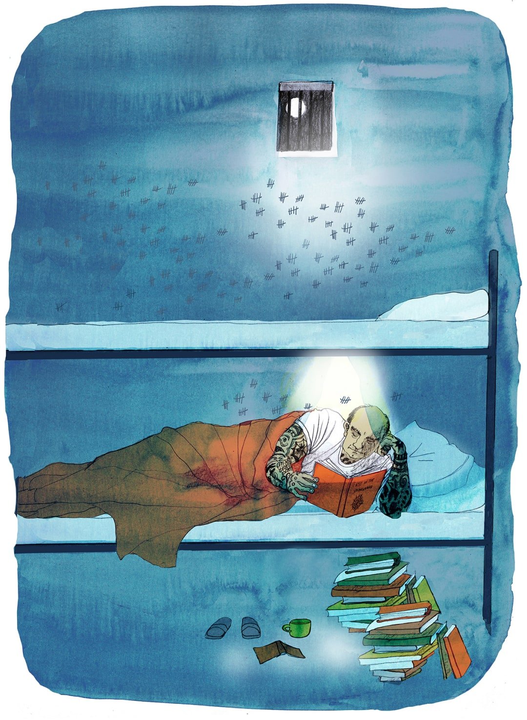 A man in a dark prison cell bunk bed reads a book by torch-light. A stack of books is next to him on the floor. The wall is marked with a tally of days that have passed.