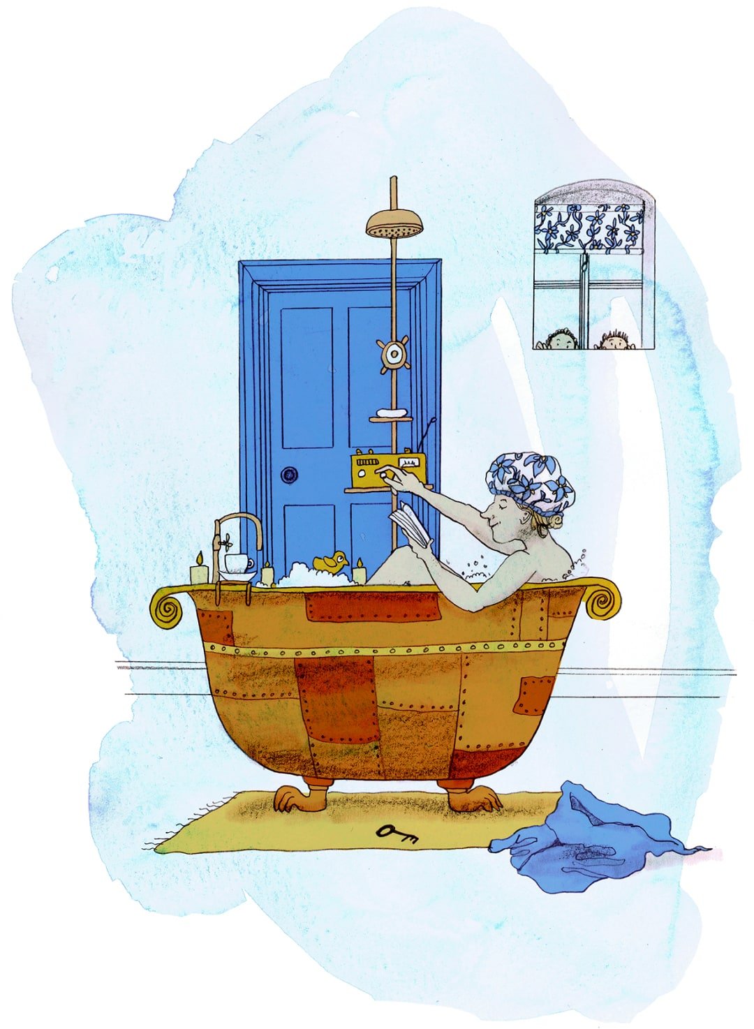 Someone is sat in a tin bath wearing a shower cap, adjusting a radio set, and reading a book. A cup of tea, a candle and a yellow rubber duck sit on the bath. Two childen peek through the window. A key lies on the floor by the bath.