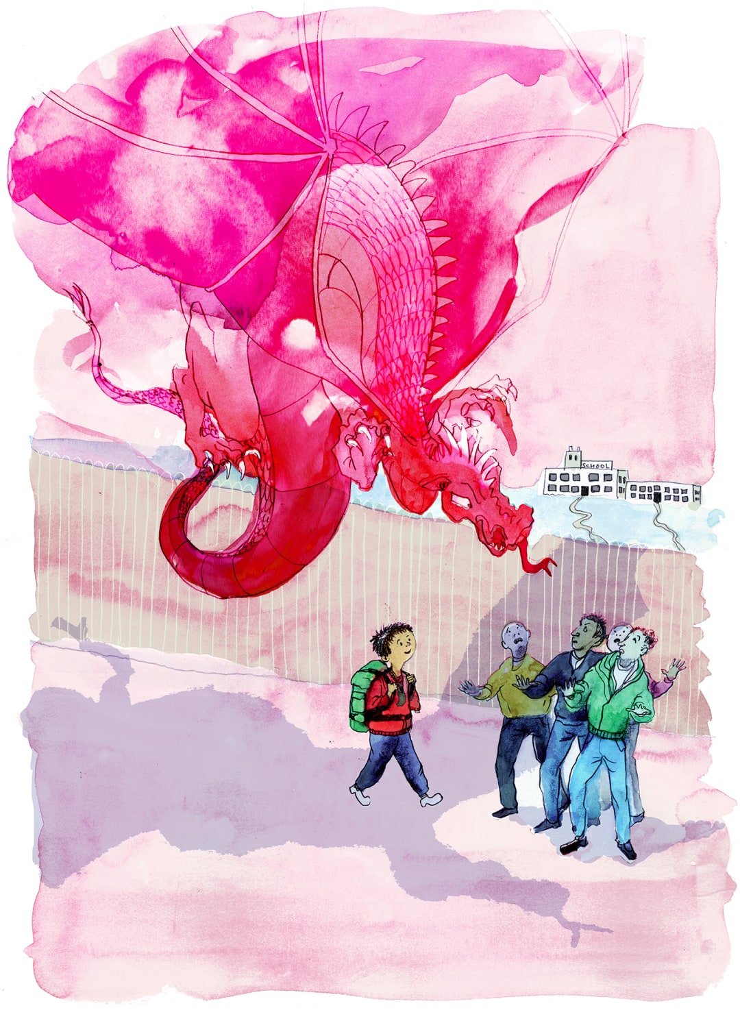 A bright pink dragon flies over a school playground, scaring four bullies away from a smiling child wearing a green rucksack.