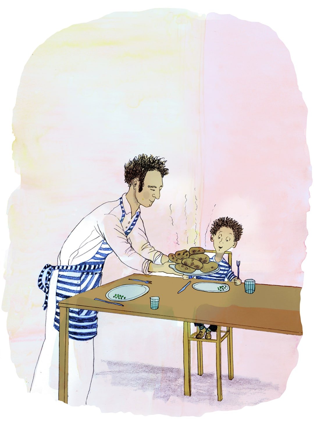 A man in a white shirt, and blue and white striped apron brings a plate of steaming hot baked potatoes to his surprised looking son.