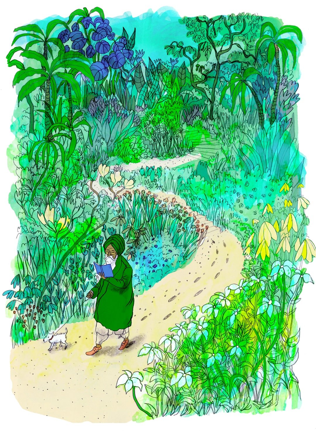 A man with a white beard walks a small white dog along a winding yellow path through a dense jungle of flowers and trees
